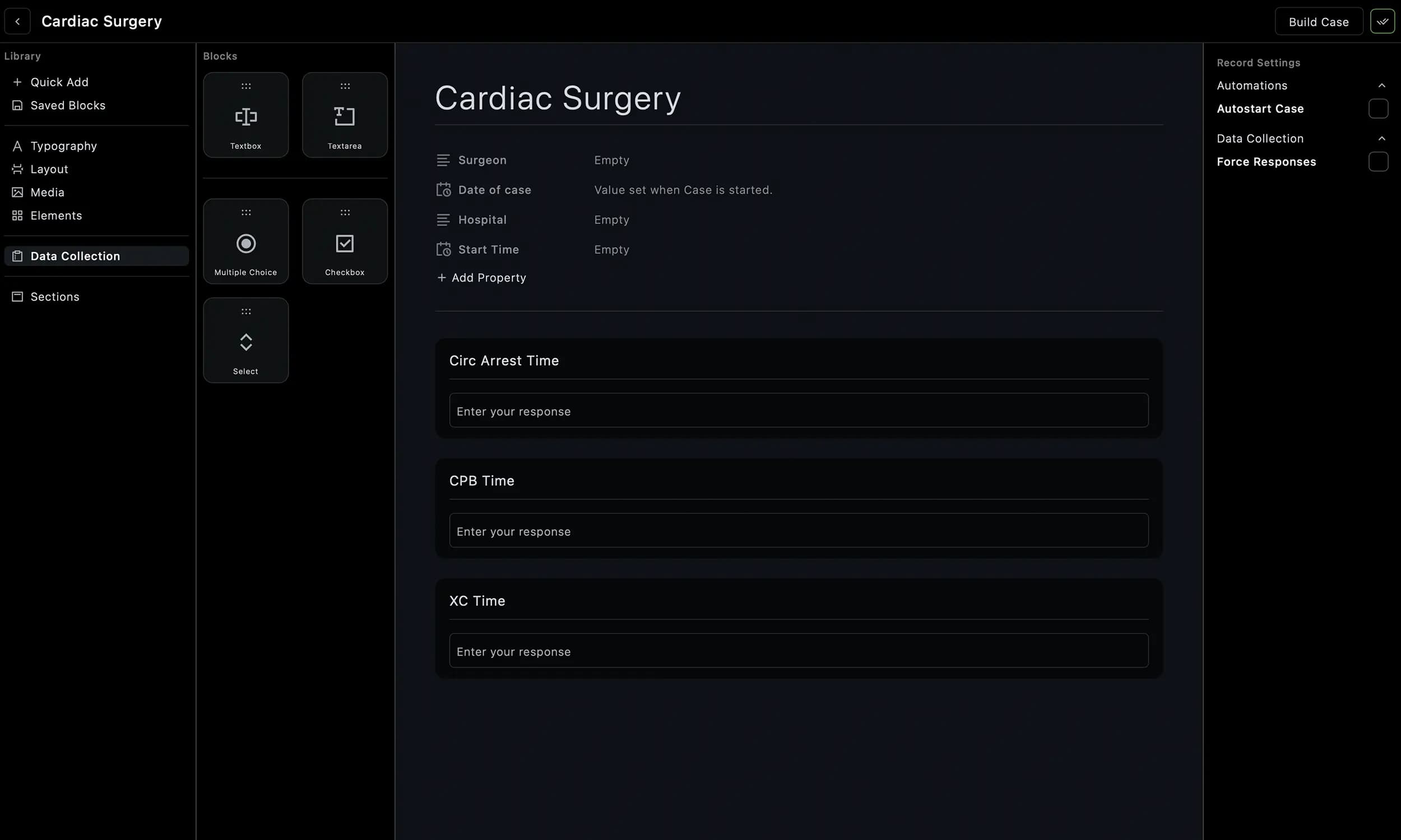 Researa case builder in dark theme